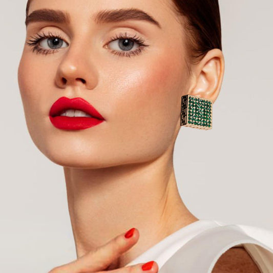 Greek Pattern Detailed Rhinestone Embellished Square Earrings