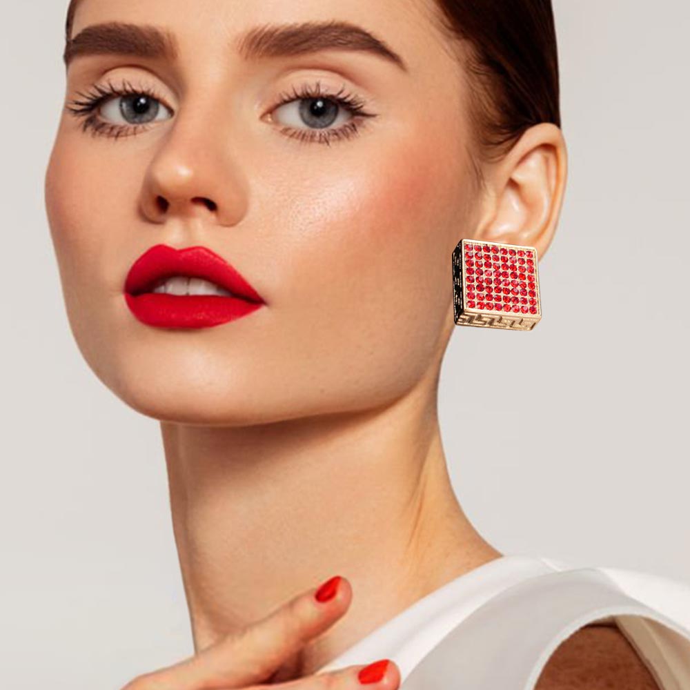Greek Pattern Detailed Rhinestone Embellished Square Earrings