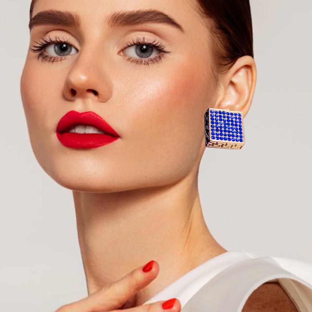 Greek Pattern Detailed Rhinestone Embellished Square Earrings
