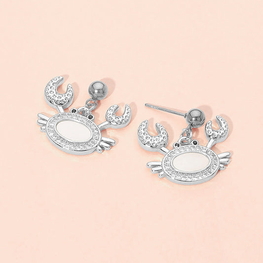 Stainless Steel Mother of Pearl CZ Stone Paved Crab Charm Dangle Earrings