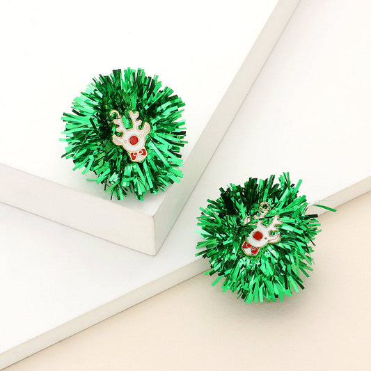 Enamel Rudolph Tinsel Pom Earrings