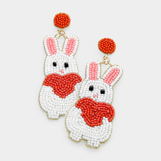 Felt Back Seed Beaded Bunny Heart Dangle Earrings