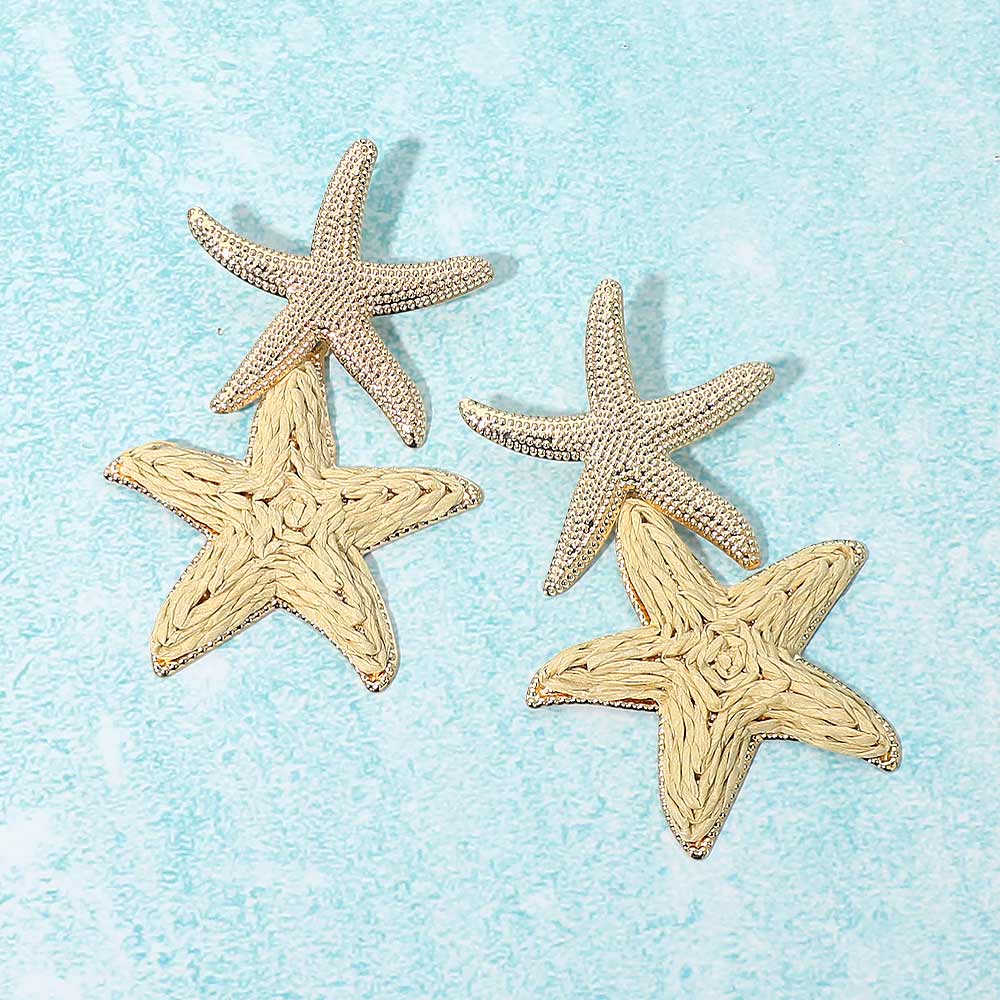 Raffia Wrapped Starfish Link Drop Statement Earrings
