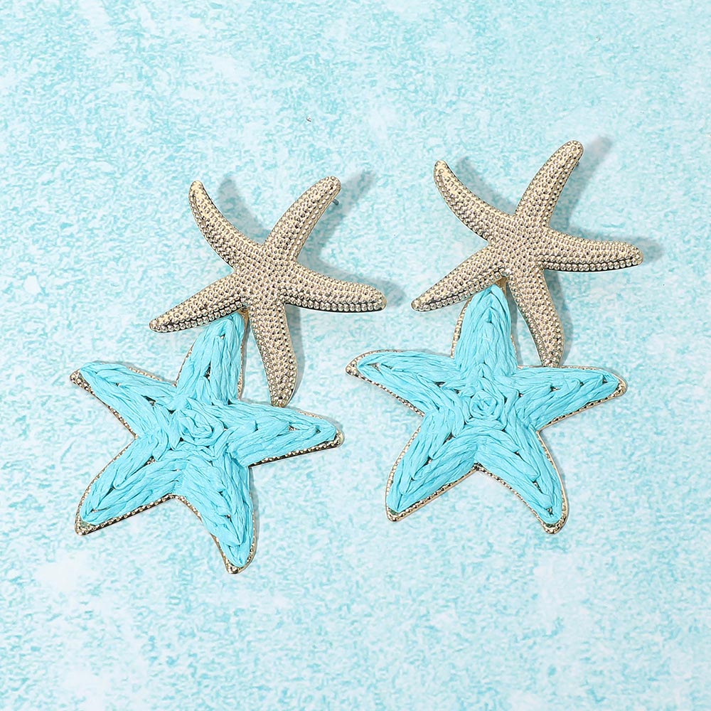 Raffia Wrapped Starfish Link Drop Statement Earrings
