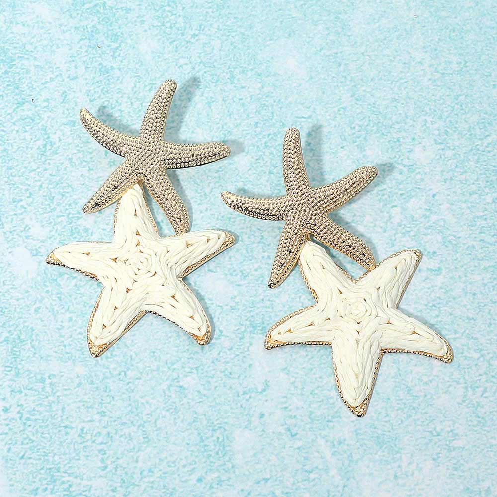 Raffia Wrapped Starfish Link Drop Statement Earrings