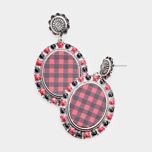 Buffalo Check Print Colored Polka Dot Trim Metal Oval Dangle Earrings