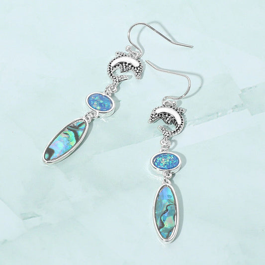 Metal Dolphin Abalone Opal Drop Dangle Earrings
