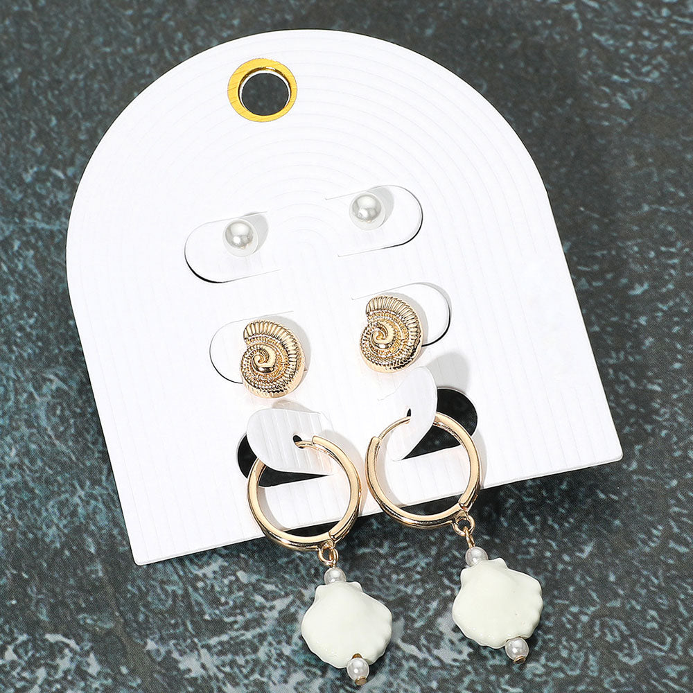 3Pairs - Pearl Metal Swirl Shell Stud Ceramic Shell Dangle Earring Set