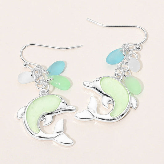 Sea Glass Dolphin Drop Dangle Earrings