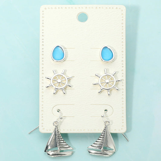 3Pairs - Sea Glass Nautical Anchor Stud Metal Boat Drop Dangle Earring Set