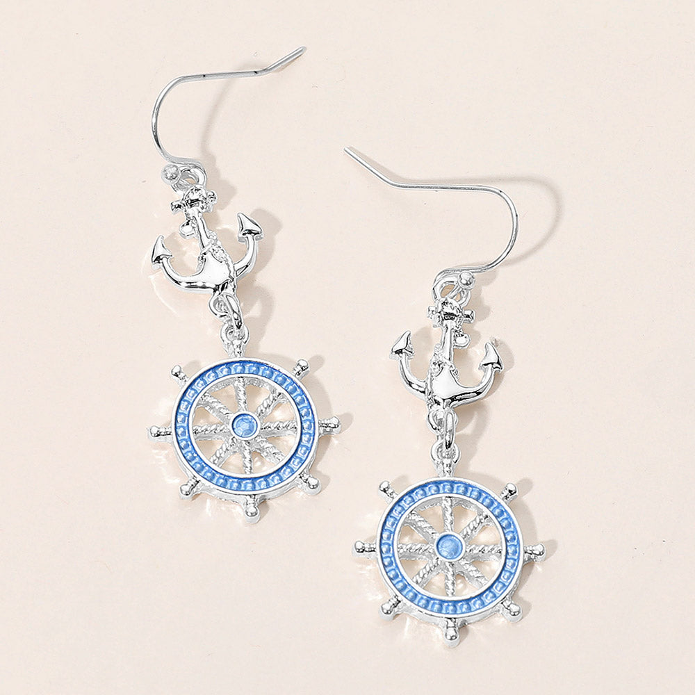 Nautical Anchor Wheel Link Drop Dangle Earrings