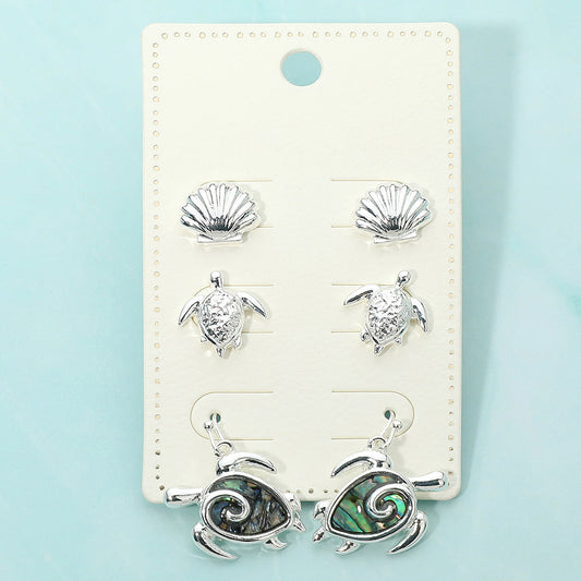 3Pairs - Metal Shell Turtle Stud Abalone Stud Drop Dangle Earring Set