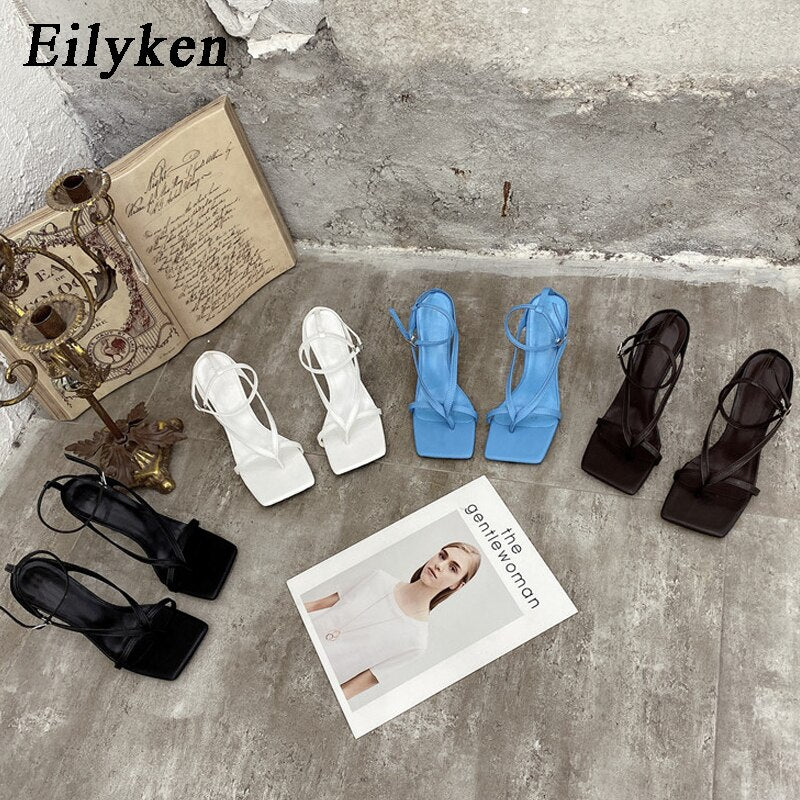 Fashion Ankle Buckle Strap Women Sandals Sexy Summer Square Head Clip Toes Flip Flops Thin High Heels Ladies Party shoes