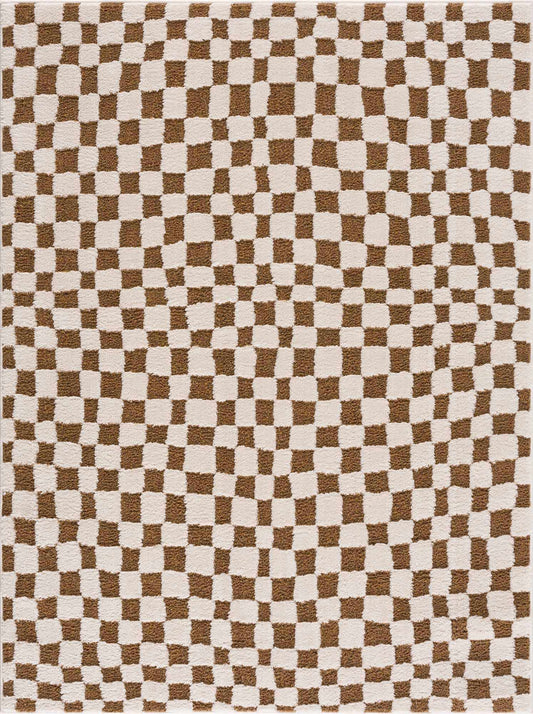Lajos Brown Checkered Shag Rug-0