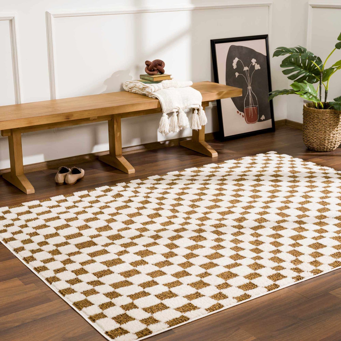 Lajos Brown Checkered Shag Rug-2