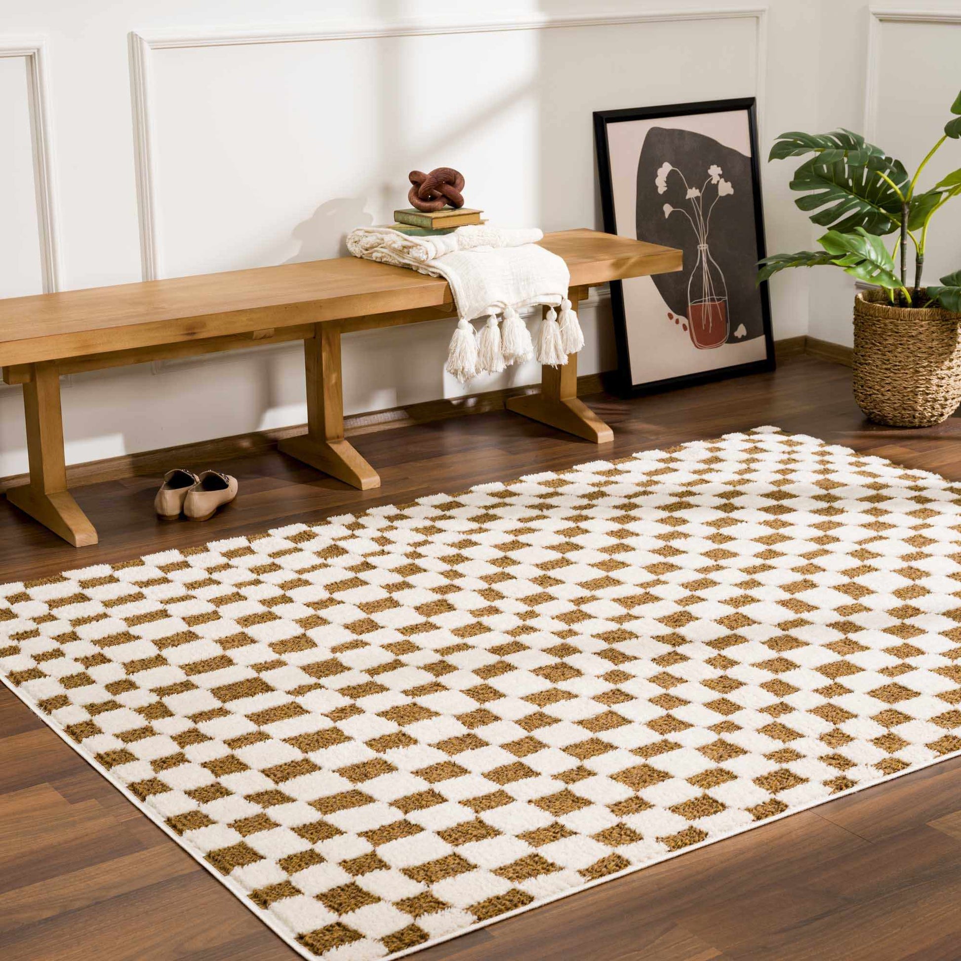Lajos Brown Checkered Shag Rug-2