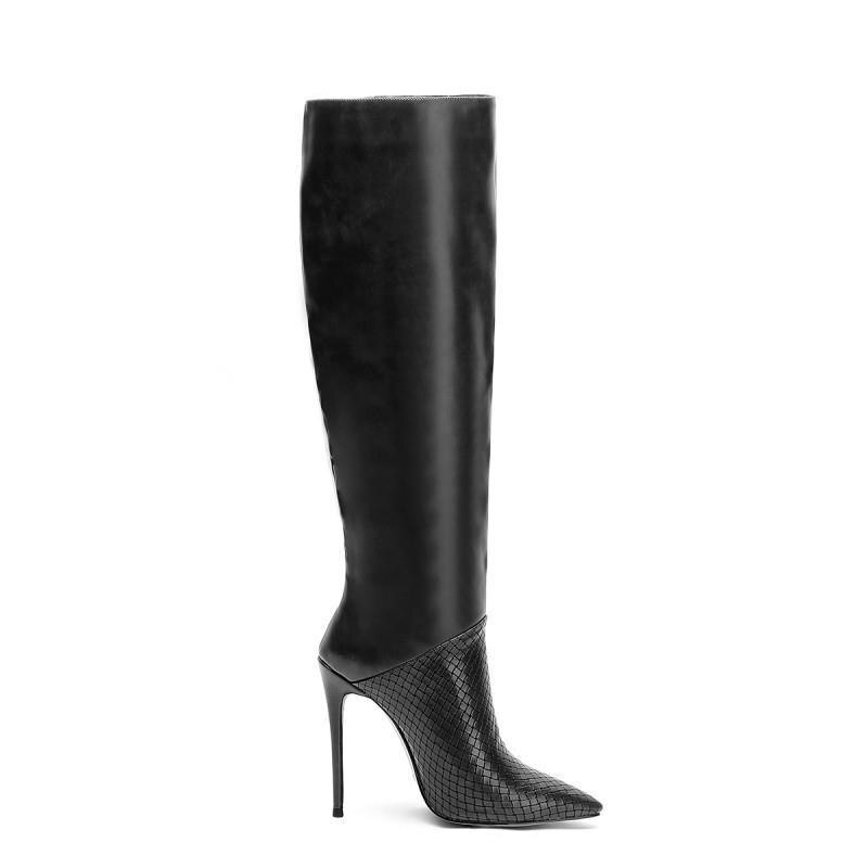 Fall Fashion Women Party Shoes Royal Blue Sexy Stone Pattern Stiletto Heel Boots Big Size 45 Pointy Toe Knee High Long Boots