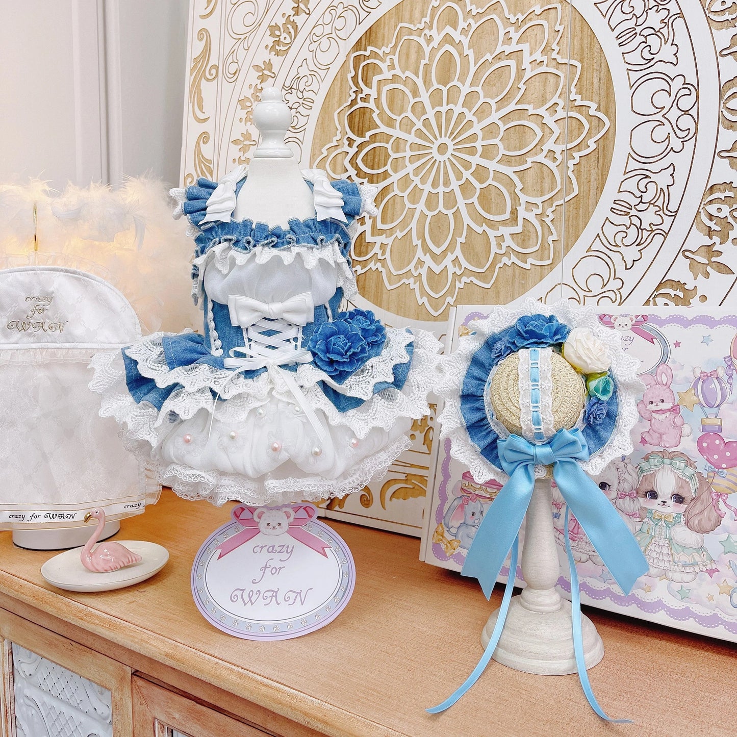 High quality handmade dog dresses denim+hat