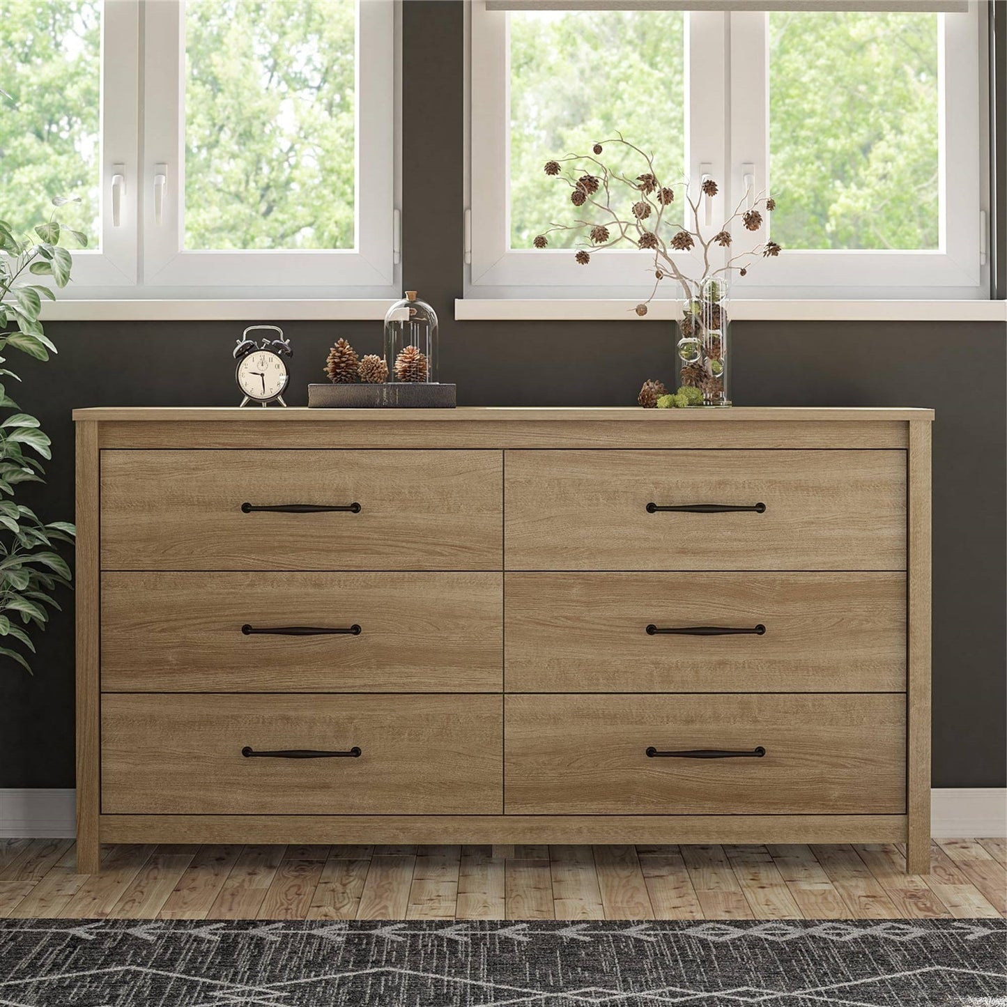 Rustic Farmhouse 6-Drawer Dresser in Natural Wood Finish-3