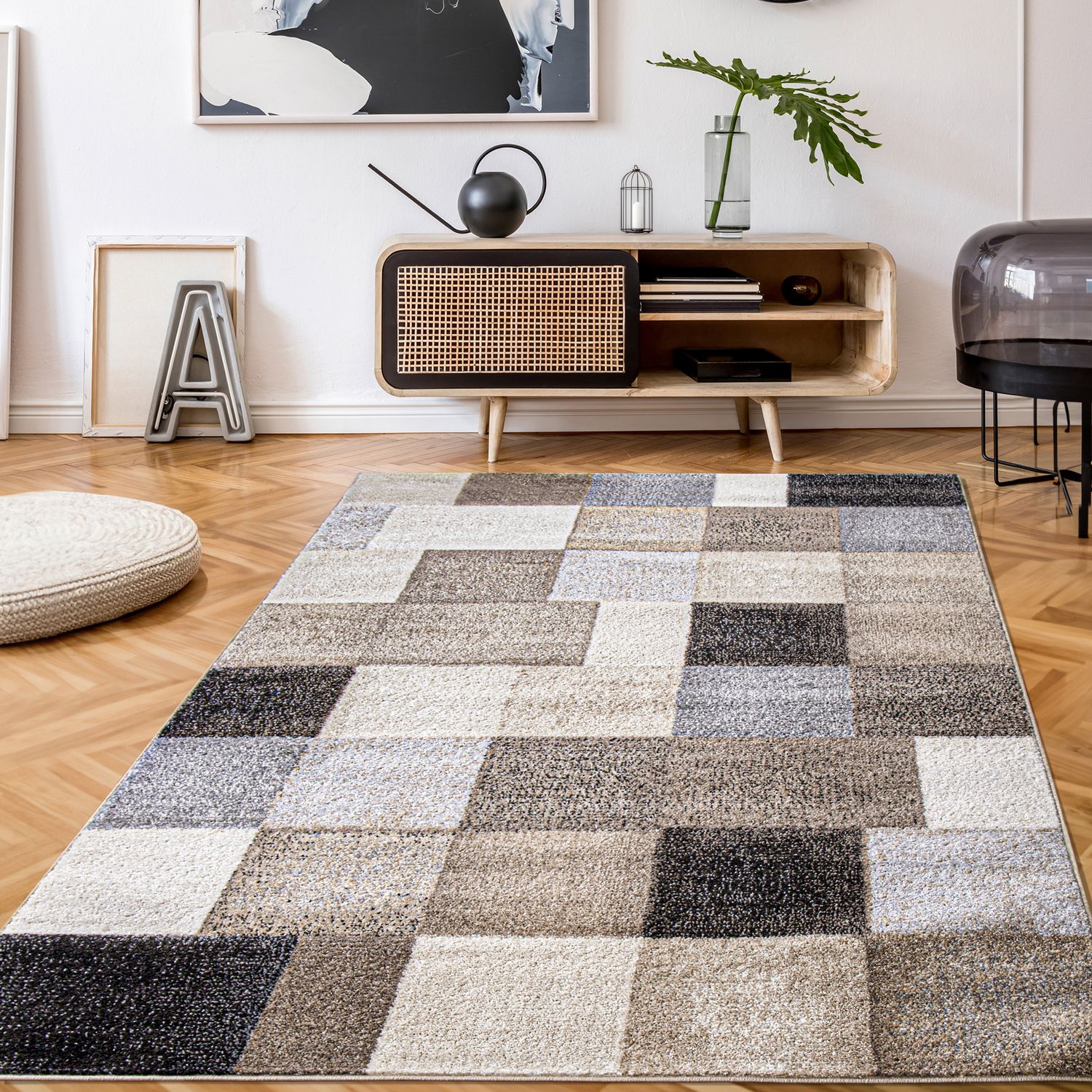 Modern Living Room Rug Fiesta Patchwork Look in Beige and Grey-0