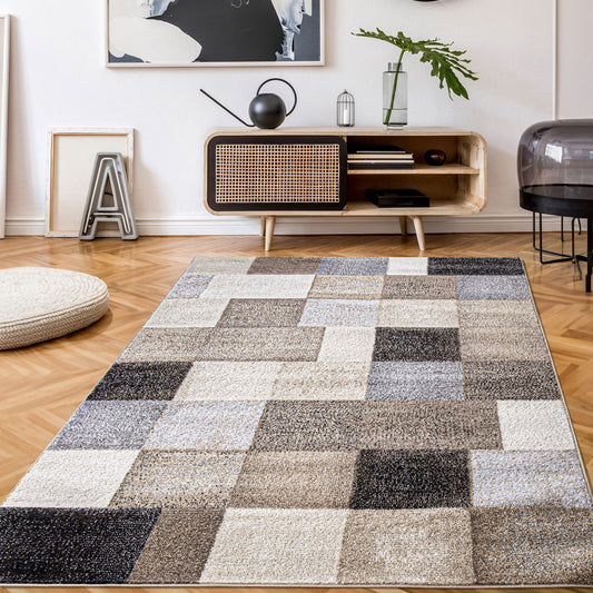 Modern Living Room Rug Fiesta Patchwork Look in Beige and Grey-0
