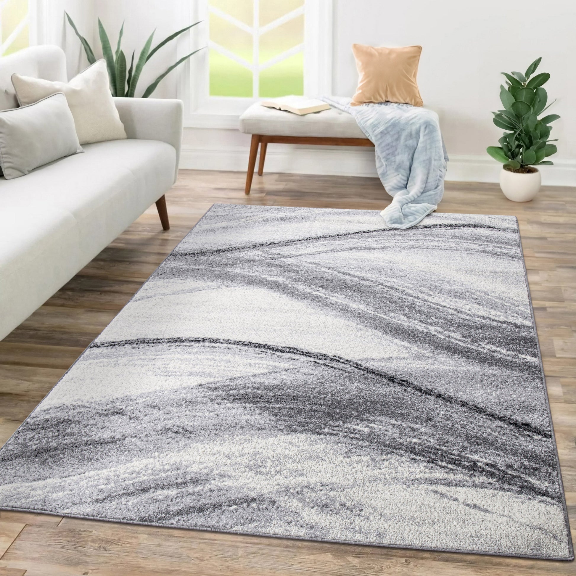 Modern Area Rug Fiesta with Artistic Waves in Grey Tones-4
