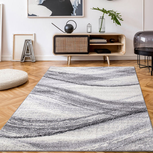Modern Area Rug Fiesta with Artistic Waves in Grey Tones-0