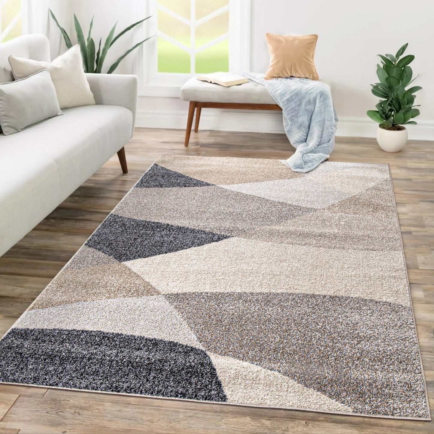 Living Room Rug Fiesta with Geometric Design in Beige Grey Cream-4
