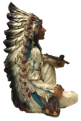 Sitting Native American Indian with Feather Headdress and Pipe