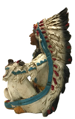 Sitting Native American Indian with Feather Headdress and Pipe