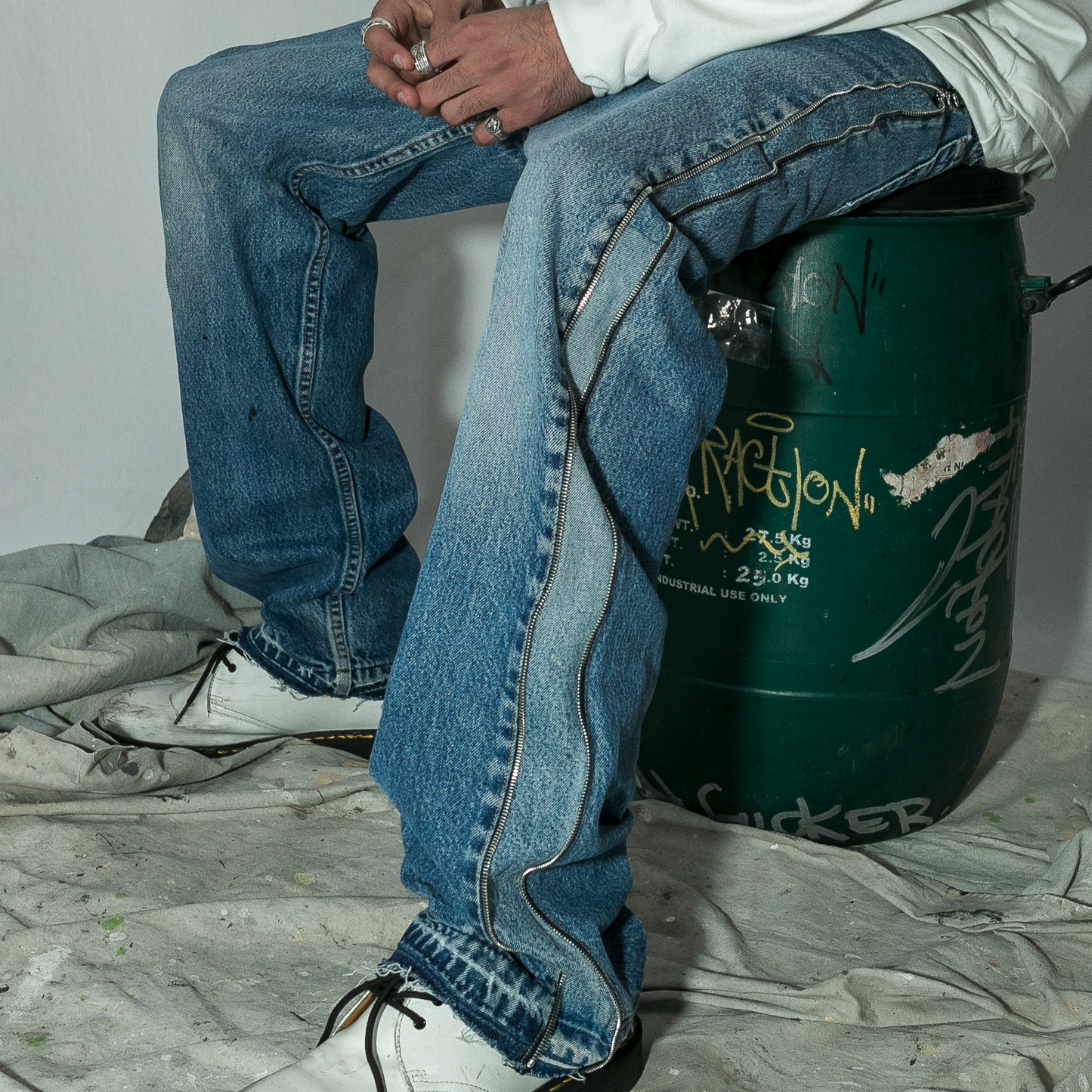 Vintage Reworked Denim Jeans with Full Leg Side Zip