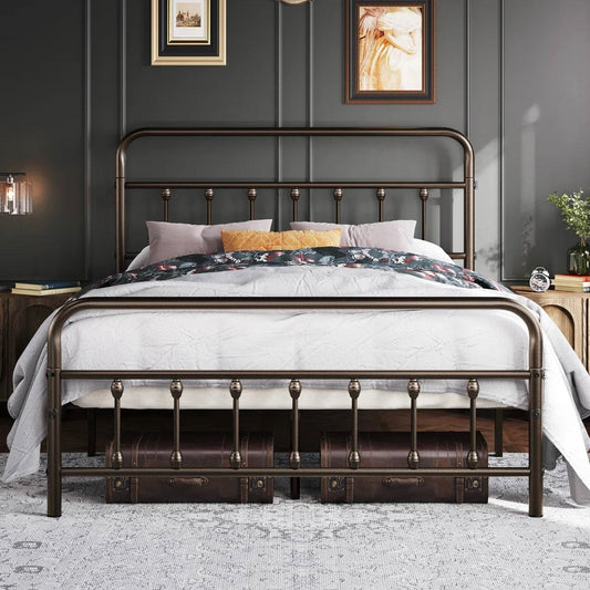 Full size Vintage Bronze Metal Platform Bed Frame with Headboard and Footboard-0