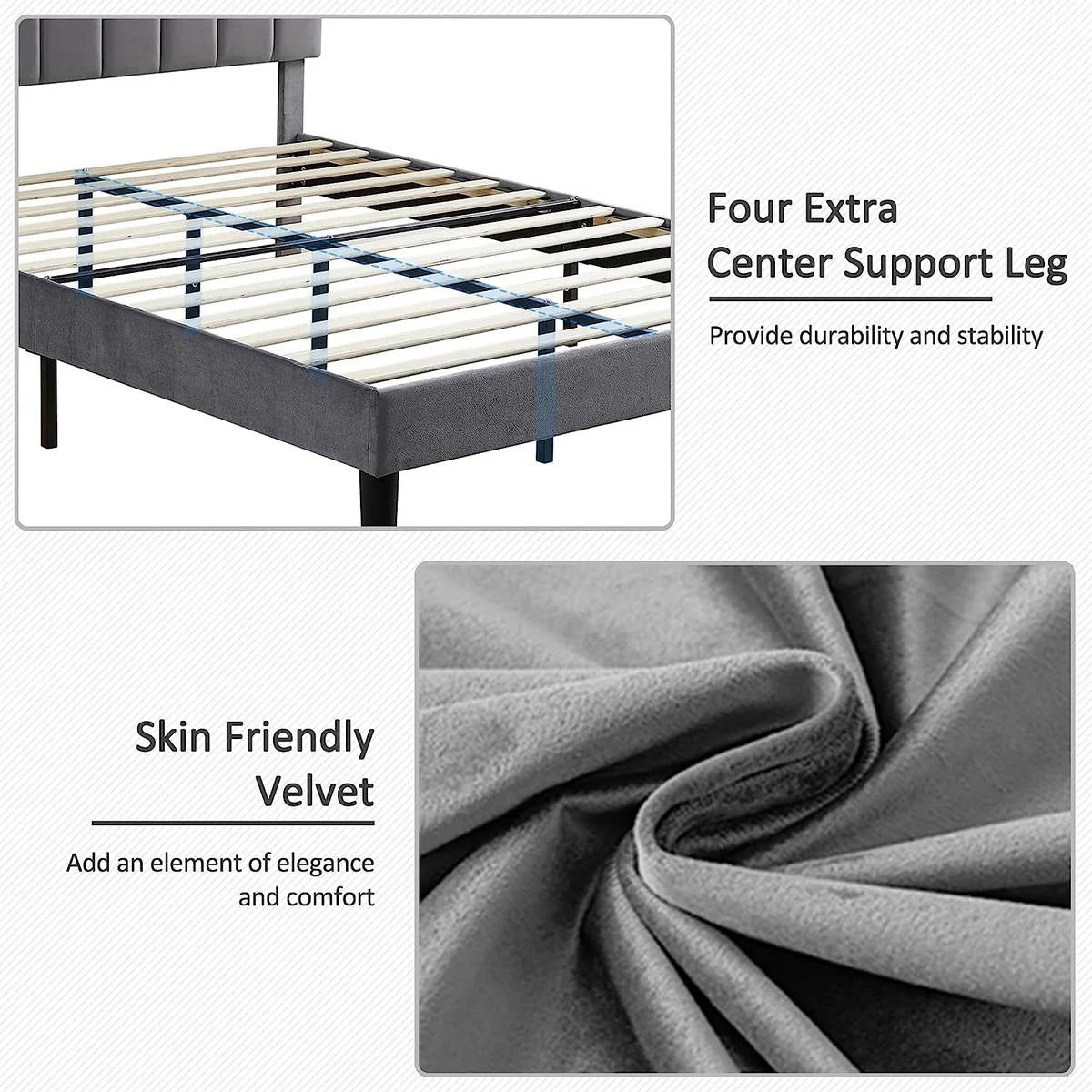 Full size Dark Grey Upholstered Platform Bed Frame with Headboard-2