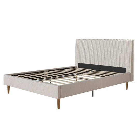 Full size Off-White Ivory Cream Upholstered Platform Bed Frame with Headboard-0