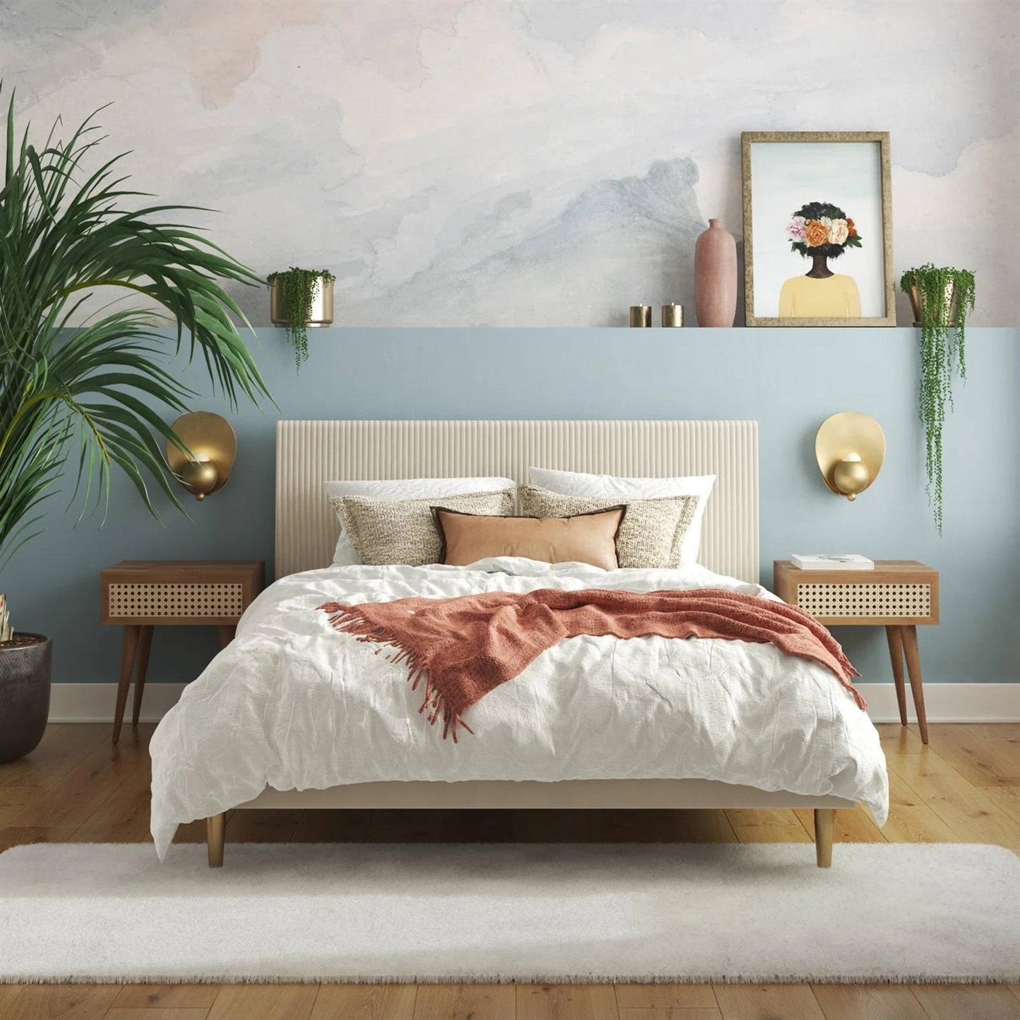 Full size Off-White Ivory Cream Upholstered Platform Bed Frame with Headboard-1
