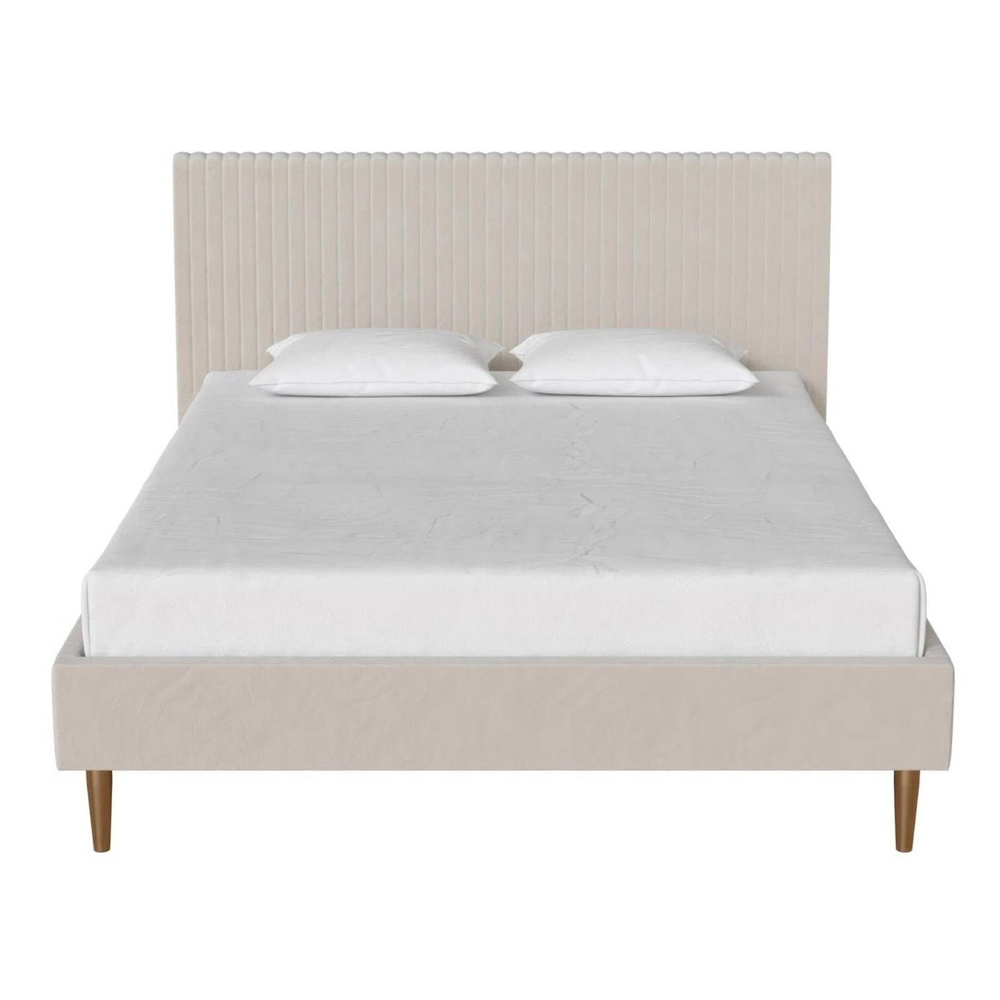 Full size Off-White Ivory Cream Upholstered Platform Bed Frame with Headboard-2