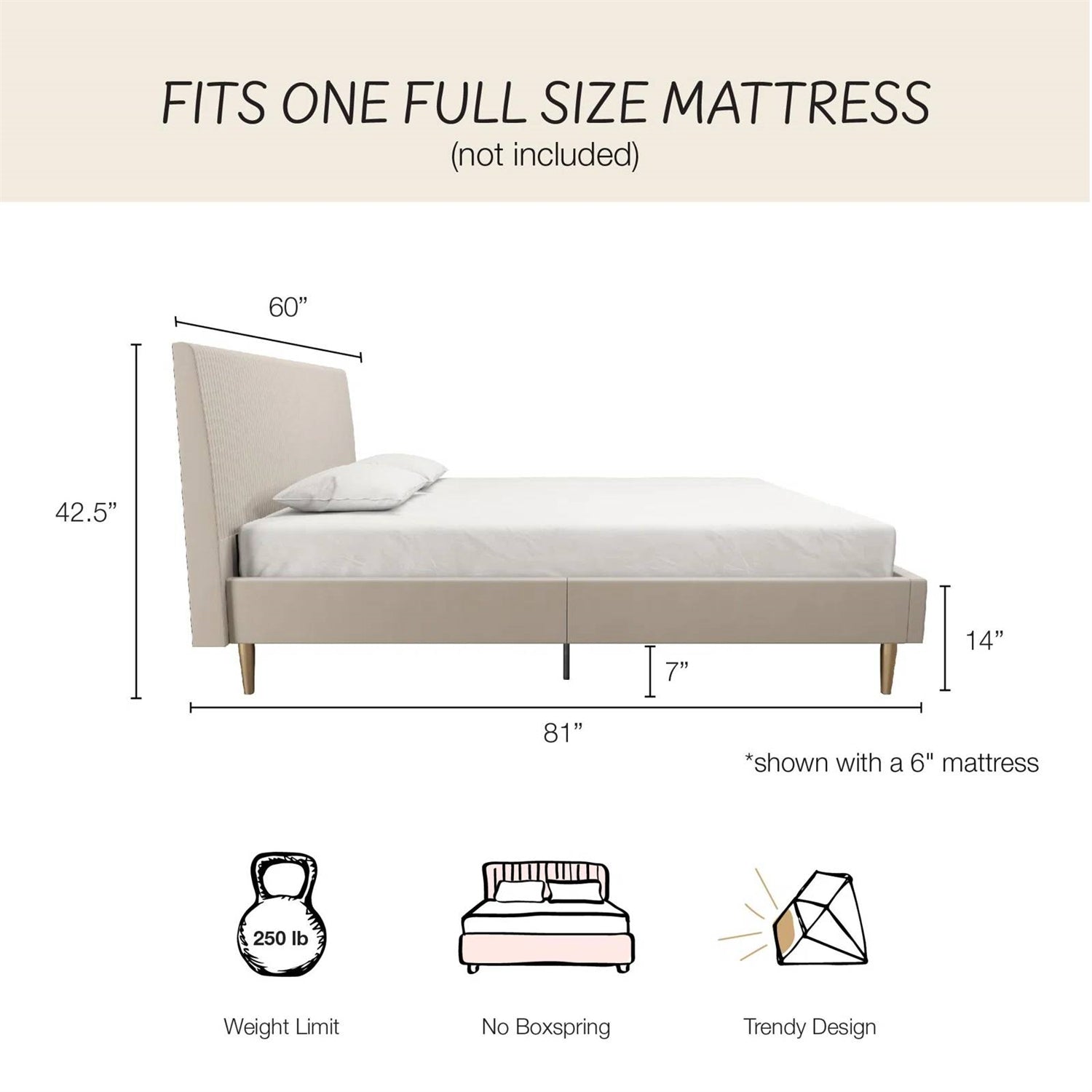Full size Off-White Ivory Cream Upholstered Platform Bed Frame with Headboard-4