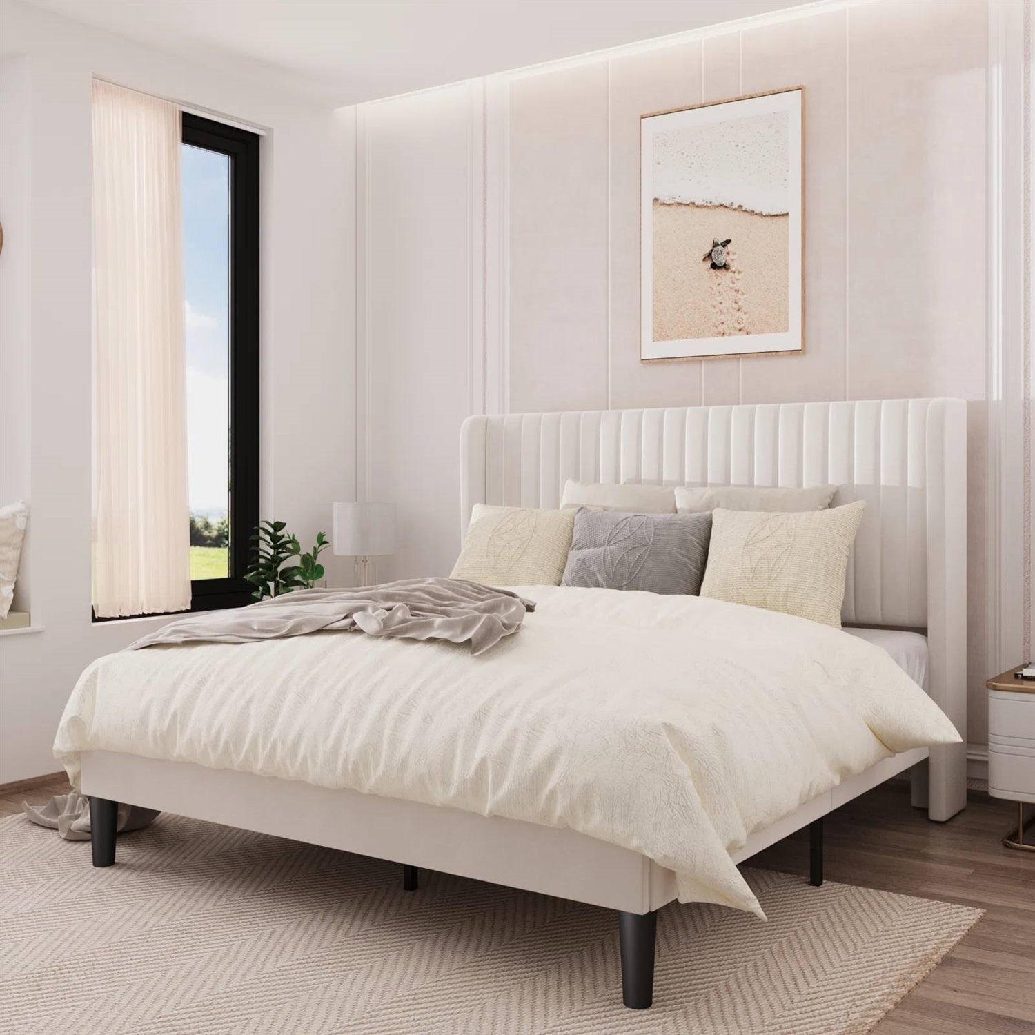 Full size White Velvet Upholstered Platform Bed Frame with Wingback Headboard-1