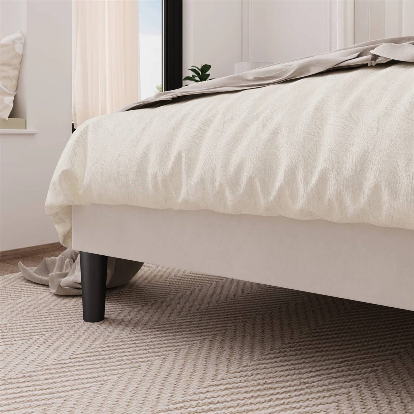Full size White Velvet Upholstered Platform Bed Frame with Wingback Headboard-2