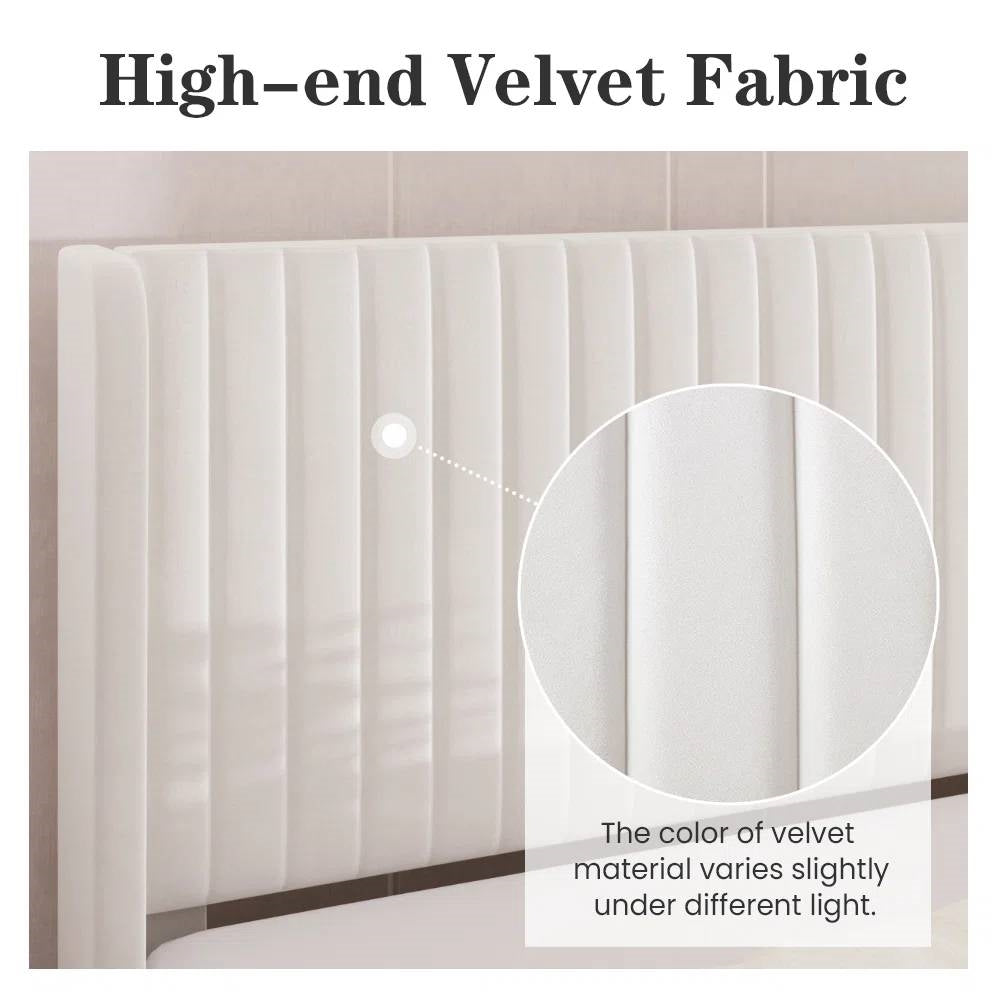 Full size White Velvet Upholstered Platform Bed Frame with Wingback Headboard-3