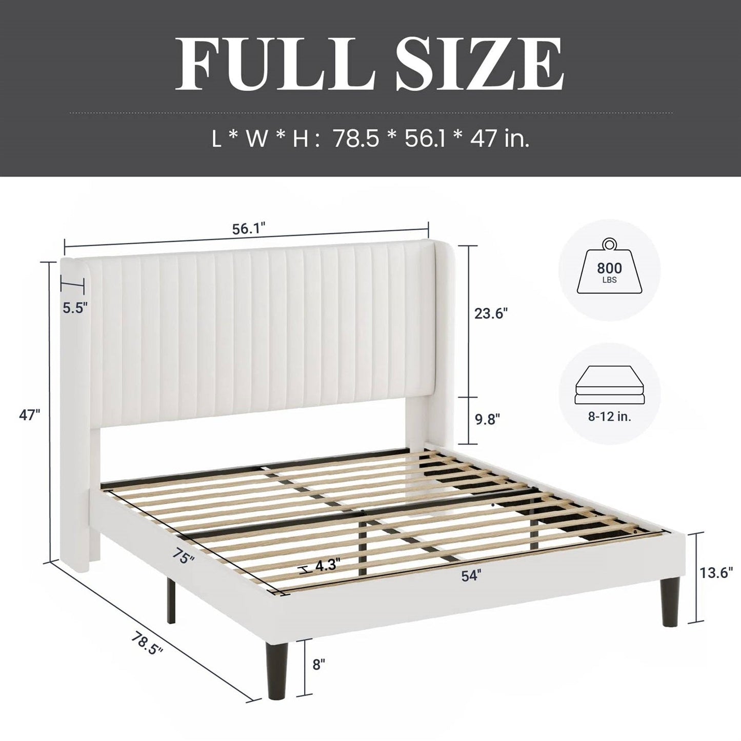 Full size White Velvet Upholstered Platform Bed Frame with Wingback Headboard-4