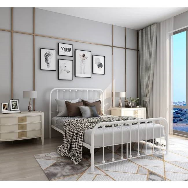 Full size Classic White Metal Bed Frame with Slatted Headboard and Footboard-0
