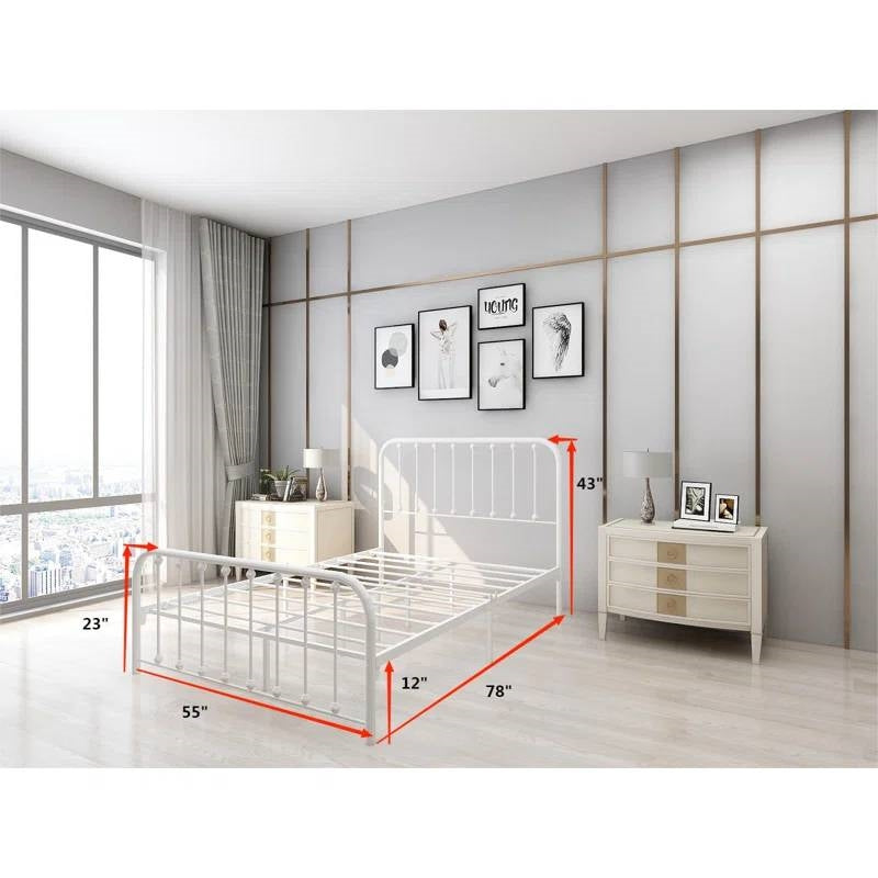 Full size Classic White Metal Bed Frame with Slatted Headboard and Footboard-2