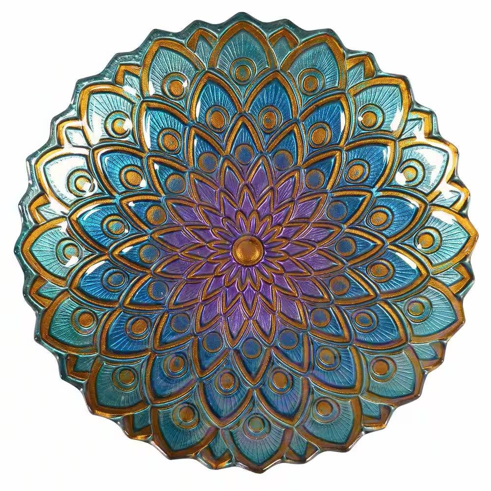 Round 18-inch Peacock Style Glass Mosaic Flower Birdbath with Metal Stand-3