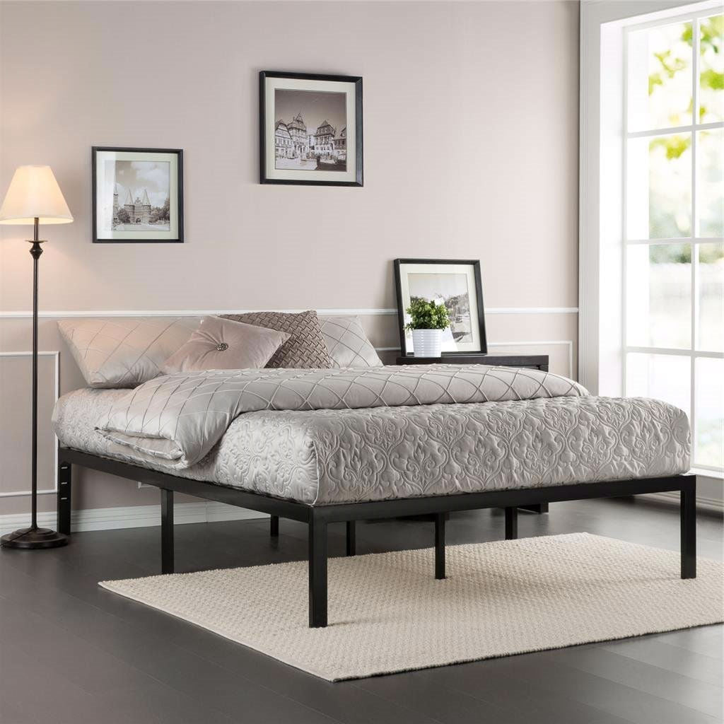 Full Metal Platform Bed Frame with Wooden Mattress Support Slats-1