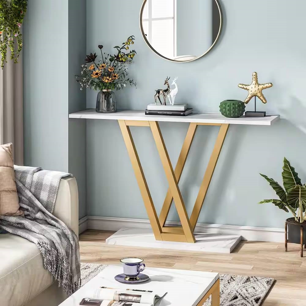 Modern Industrial Console Table with Faux White Marble Top and Gold Frame-0