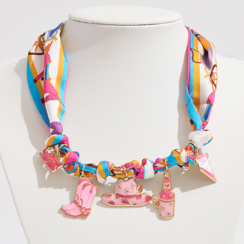 Enamel Western Theme Charm Station Fabric Scarf Necklace Adjustable Bracelet Bag Charm