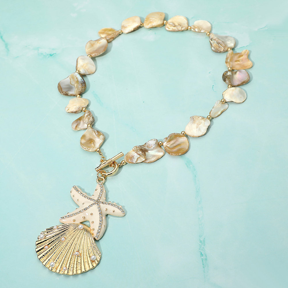 Rhinestone Embellished Starfish Pearl Seashell Pendant Shell Beaded Statement Necklace