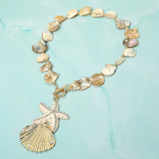 Rhinestone Embellished Starfish Pearl Seashell Pendant Shell Beaded Statement Necklace