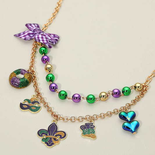 Bow Accent Mardi Gras Charm Station Layered Statement Necklace